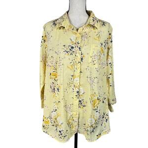 Karen Scott 1X-Large Top Floral Swiss Dots Button-Up 3/4 Sleeves Lightweight